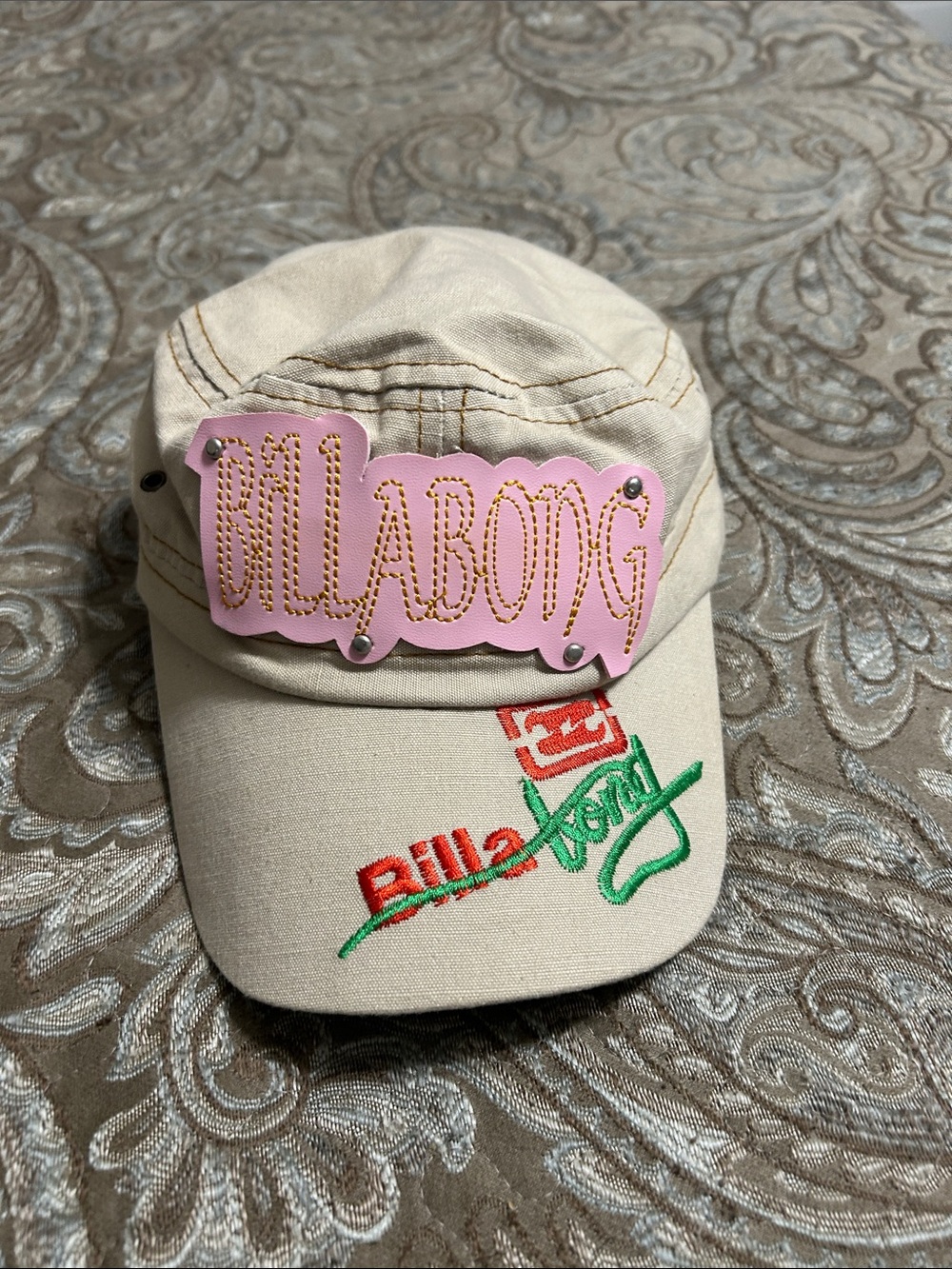 Billabong Beige Cap with Pink Logo Plaque and Red-Green Embroidery